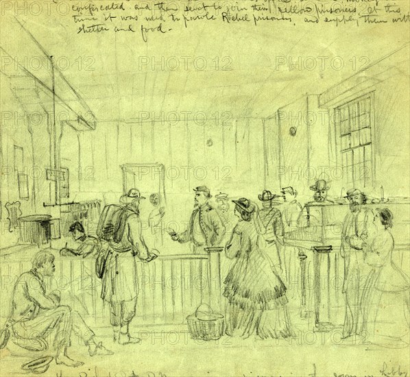 Lt. Bishop A.P.M. receiving prisoners in the room in Libby where our soldiers used to be robbed by the chivalry, 1865, drawing, 1862-1865, by Alfred R Waud, 1828-1891, an american artist famous for his American Civil War sketches, America, US