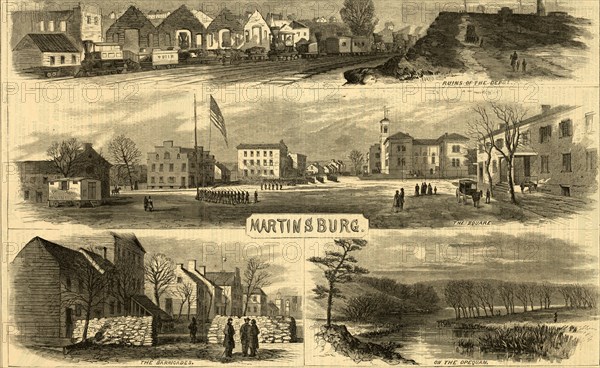 Views in and around Martinsburg, Virginia, 1864 December 3, 1 print wood engraving, 23.5 x 32.7 cm. (sheet), 1862-1865, by Alfred R Waud, 1828-1891, an american artist famous for his American Civil War sketches, America, US