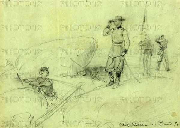 Genl Warren on Round Top, 1863 July 2, drawing on green paper pencil, 23.1 x 32.5 cm. (sheet), 1862-1865, by Alfred R Waud, 1828-1891, an american artist famous for his American Civil War sketches, America, US