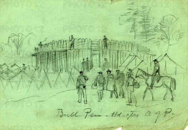 Bull Pen - Hd. qtrs A of P, between 1860 and 1865, drawing on blue-green paper pencil, 12.7 x 18.7 cm. (sheet), 1862-1865, by Alfred R Waud, 1828-1891, an american artist famous for his American Civil War sketches, America, US