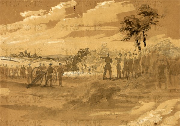 Advance of the Army towards Lewinsville, 1861 ca. September, drawing on brown paper pencil, Chinese white, and black ink wash, 24.3 x 35.1 cm. (sheet), 1862-1865, by Alfred R Waud, 1828-1891, an american artist famous for his American Civil War sketches, America, US