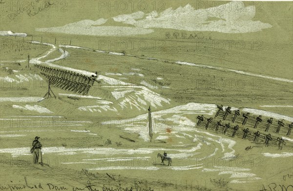 Unfinished dam on the enemies line, 1860-1865, drawing, 1862-1865, by Alfred R Waud, 1828-1891, an american artist famous for his American Civil War sketches, America, US