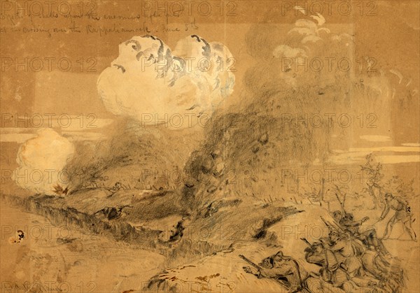 Effects of shells upon the enemies rifle pits at the crossing over the Rappahannock, June 5th, 1863 June 5, drawing on tan paper pencil, ink wash, and Chinese white, 23.8 x 35.0 cm. (sheet), 1862-1865, by Alfred R Waud, 1828-1891, an american artist famous for his American Civil War sketches, America, US