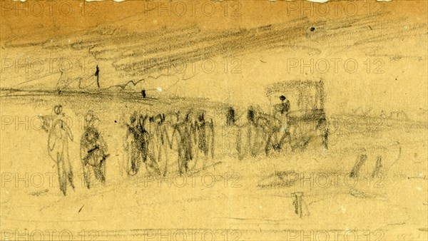 Troops on the road, between 1860 and 1865, drawing on cream paper pencil, 6.2 x 11.5 cm. (sheet), 1862-1865, by Alfred R Waud, 1828-1891, an american artist famous for his American Civil War sketches, America, US