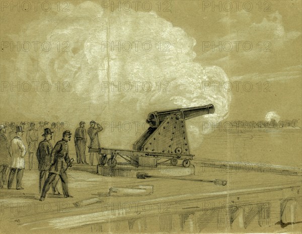 Scene on the dock at the Rip Raps. Testing the Sawyer gun and projectile, a shell bursting on the rebel batteries at Sewells Point, 1861, drawing, 1862-1865, by Alfred R Waud, 1828-1891, an american artist famous for his American Civil War sketches, America, US