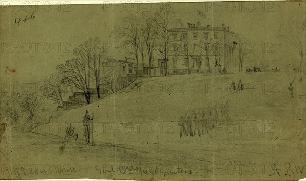 Jeff Davis House. Genl. Ords headquarters, between 1860 and 1865, drawing on olive paper pencil, 13.0 x 23.5 cm. (sheet), 1862-1865, by Alfred R Waud, 1828-1891, an american artist famous for his American Civil War sketches, America, US