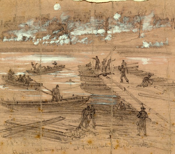 Building pontoon bridges at Fredericksburg Dec. 11th, 1862 December 11, drawing on pink-tan paper pencil and Chinese white, 20.7 x 23.4 cm. (sheet), 1862-1865, by Alfred R Waud, 1828-1891, an american artist famous for his American Civil War sketches, America, US