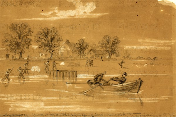 Guerilla warfare. Unarmed Union soldiers fired at by farmers on the James River, 1862 ca. July 8, drawing on tan paper pencil and Chinese white, 16.0 x 24.9 cm. (sheet), 1862-1865, by Alfred R Waud, 1828-1891, an american artist famous for his American Civil War sketches, America, US