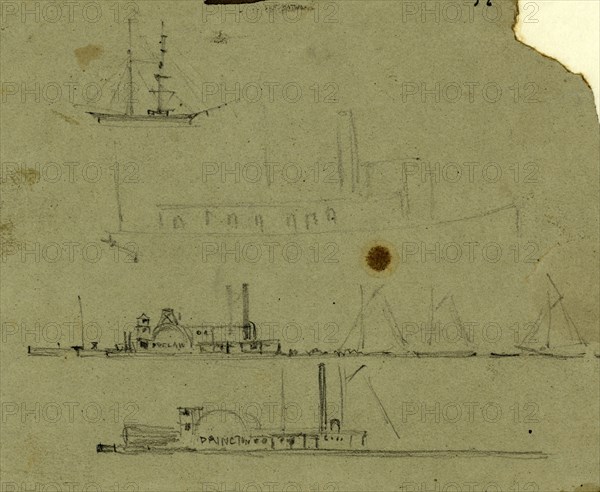 Steamships and sailboats, between 1860 and 1865, drawing on gray-green paper pencil, 9.6 x 11.7 cm. (sheet), 1862-1865, by Alfred R Waud, 1828-1891, an american artist famous for his American Civil War sketches, America, US