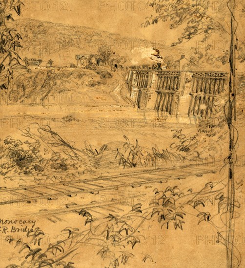 Monocacy R.R. Bridge, 1863 ca. June-July, drawing on tan paper pencil and Chinese white, 11.6 x 10.8 cm. (sheet), The Alfred Waud American Civil War Sketches Collection, 1862-1865, by Alfred R Waud, 1828-1891, an american artist famous for his American Civil War sketches, America, US