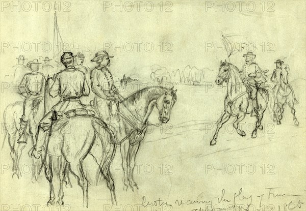 Custer receiving the flag of truce, appomatox 1865, drawing, 1862-1865, by Alfred R Waud, 1828-1891, an american artist famous for his American Civil War sketches, America, US