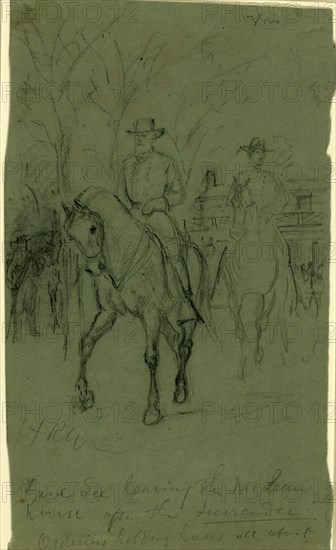 Genl. Lee leaving the McLean house after the surrender, 1865 April 9, drawing on green paper pencil, 23.5 x 13.3 cm. (sheet), The Alfred Waud American Civil War Sketches Collection, 1862-1865, by Alfred R Waud, 1828-1891, an american artist famous for his American Civil War sketches, America, US