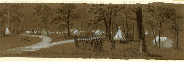 Scene in the camp of the Washington Greys. 8th N.Y.S.M, 1861 ca. April-August, drawing on olive paper pencil and Chinese white, 7.7 x 27.1 cm. (sheet), The Alfred Waud American Civil War Sketches Collection, 1862-1865, by Alfred R Waud, 1828-1891, an american artist famous for his American Civil War sketches, America, US