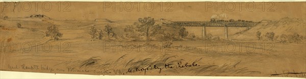 Genl. Haupts bridge over Potomac Creek Va, destroyed by the Rebels, 1863 ca. August, drawing on tan paper pencil, 25.7 x 35.8 cm. (sheet), drawing, 1862-1865, by Alfred R Waud, 1828-1891, an american artist famous for his American Civil War sketches, America, US