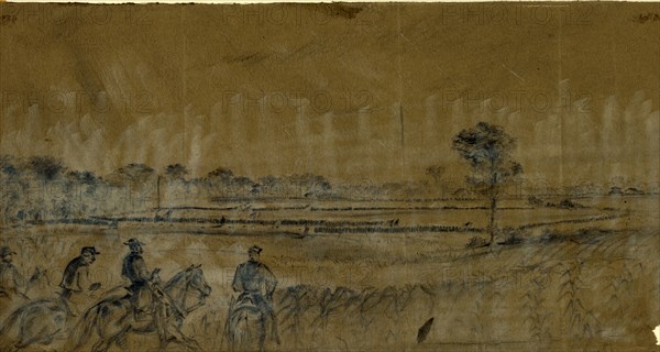 Officers on horseback watching infantry drills in distance, drawing, 1862-1865, by Alfred R Waud, 1828-1891, an american artist famous for his American Civil War sketches, America, US