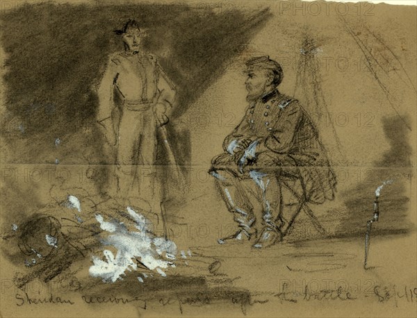 Sheridan receiving reports after the battle Sept. 19, drawing, 1862-1865, by Alfred R Waud, 1828-1891, an american artist famous for his American Civil War sketches, America, US