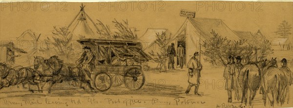 Army Mail leaving Hd.Qts. Post Office. Army Potomac, drawing, 1862-1865, by Alfred R Waud, 1828-1891, an american artist famous for his American Civil War sketches, America, US