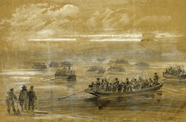 Russells Brigade, 1st div. 6th Army Corps, crossing in Pontoons to storm the enemies rifle pits on the Rappahannock, drawing, 1862-1865, by Alfred R Waud, 1828-1891, an american artist famous for his American Civil War sketches, America, US