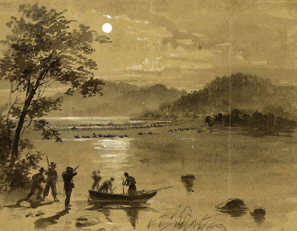 Previous to Antietam Rebels crossing the Potomac. Union scouts in foreground, drawing, 1862-1865, by Alfred R Waud, 1828-1891, an american artist famous for his American Civil War sketches, America, US