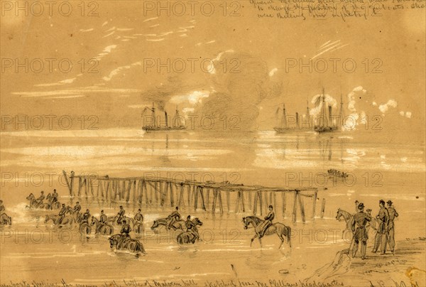 Gunboats shelling the enemy at the battle of Malvern hill sketched from McClellans headquarters, drawing, 1862-1865, by Alfred R Waud, 1828-1891, an american artist famous for his American Civil War sketches, America, US