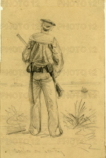 Sailor on Sentry, drawing, 1862-1865, by Alfred R Waud, 1828-1891, an american artist famous for his American Civil War sketches, America, US