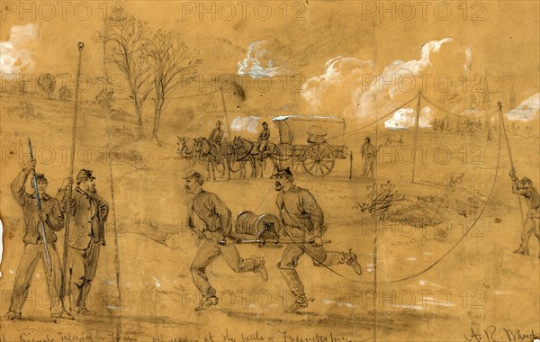 The signal telegraph train as used at the battle of Fredericksburg, drawing, 1862-1865, by Alfred R Waud, 1828-1891, an american artist famous for his American Civil War sketches, America, US