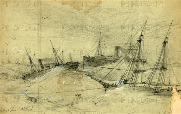 For Ft. Fisher direct. The Expedition leaving the Chesapeake, drawing, 1862-1865, by Alfred R Waud, 1828-1891, an american artist famous for his American Civil War sketches, America, US