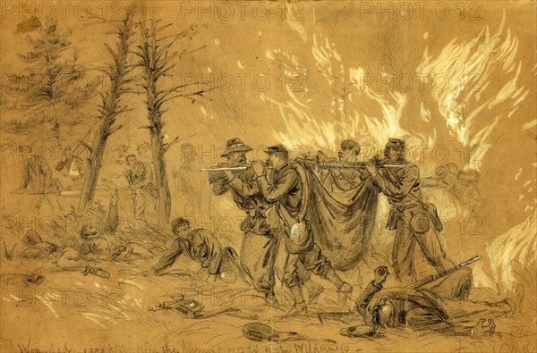 Wounded escaping from the burning woods of the Wilderness, drawing, 1862-1865, by Alfred R Waud, 1828-1891, an american artist famous for his American Civil War sketches, America, US