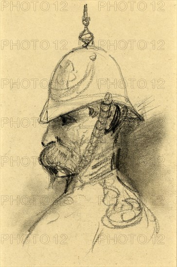 Bust Portrait of soldier with German-style helmet, drawing, 1862-1865, by Alfred R Waud, 1828-1891, an american artist famous for his American Civil War sketches, America, US