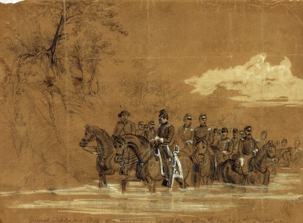 General Sickles and Staff in a reconnoitering expedition along the banks of the Potomac, drawing, 1862-1865, by Alfred R Waud, 1828-1891, an american artist famous for his American Civil War sketches, America, US