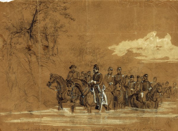 General Sickles and Staff in a reconnoitering expedition along the banks of the Potomac, drawing, 1862-1865, by Alfred R Waud, 1828-1891, an american artist famous for his American Civil War sketches, America, US