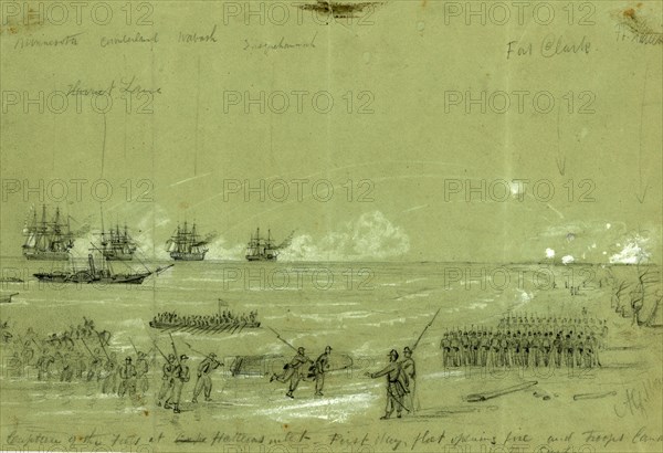 Capture of the Forts at Cape Hatteras inlet-First day, fleet opening fire and troops landing in the surf, drawing, 1862-1865, by Alfred R Waud, 1828-1891, an american artist famous for his American Civil War sketches, America, US