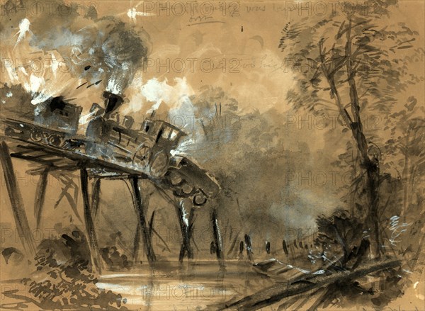Destruction of the locomotives on the bridge over the Chickahominy, drawing, 1862-1865, by Alfred R Waud, 1828-1891, an american artist famous for his American Civil War sketches, America, US