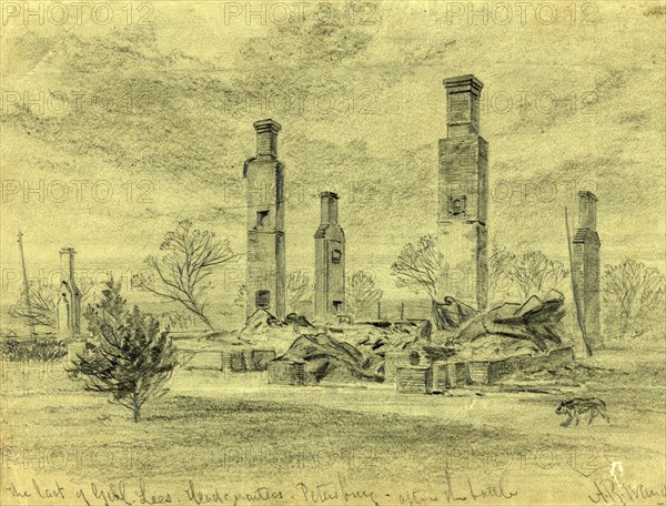 The last of Genl. Lees Headquarters Petersburg, after the battle, drawing, 1862-1865, by Alfred R Waud, 1828-1891, an american artist famous for his American Civil War sketches, America, US