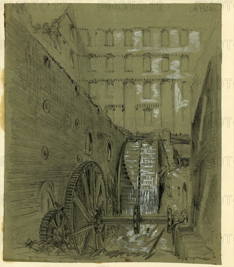 Ruins of the water wheel in Gallego Flour Mills, Richmond, Va., drawing, 1862-1865, by Alfred R Waud, 1828-1891, an american artist famous for his American Civil War sketches, America, US