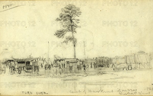 Camp of Hawkins Zouaves, Newport News 1861, drawing, 1862-1865, by Alfred R Waud, 1828-1891, an american artist famous for his American Civil War sketches, America, US
