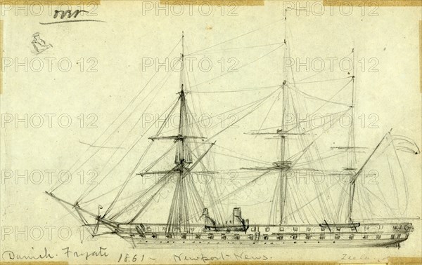 Danish Frigate 1861, Newport News, Zeeland, drawing, 1862-1865, by Alfred R Waud, 1828-1891, an american artist famous for his American Civil War sketches, America, US