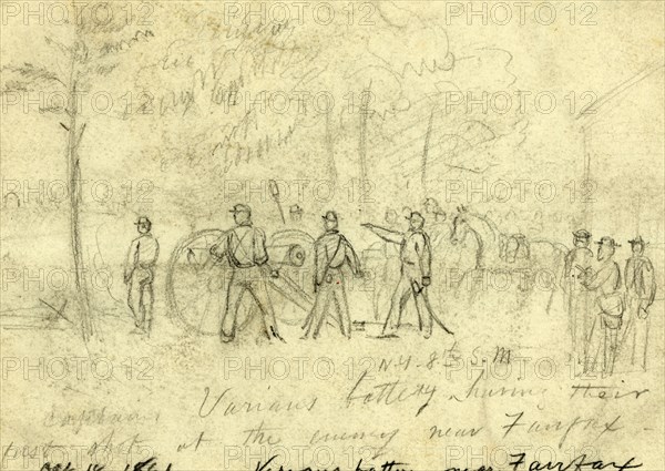 Captain Varians battery N.Y. 8th S.M. having their first shot at the enemy near Fairfax, drawing, 1862-1865, by Alfred R Waud, 1828-1891, an american artist famous for his American Civil War sketches, America, US