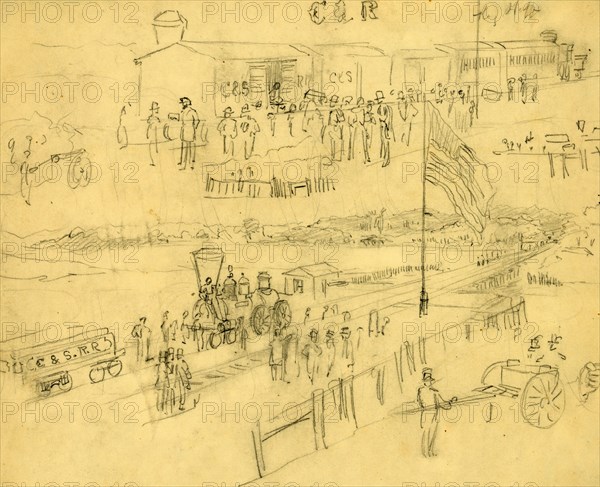Two sketches of a depot on the Charleston & Savannah Railroad, drawing, 1862-1865, by Alfred R Waud, 1828-1891, an american artist famous for his American Civil War sketches, America, US