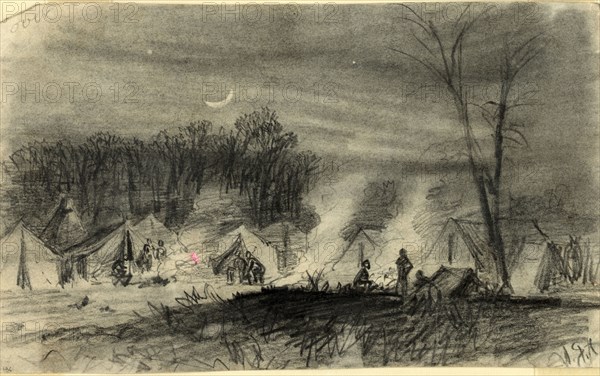 Soldiers in camp at night, drawing, 1862-1865, by Alfred R Waud, 1828-1891, an american artist famous for his American Civil War sketches, America, US