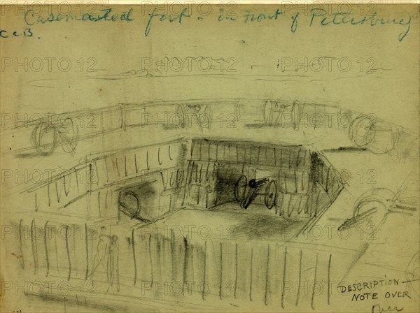 Casemented fort in front of Petersburg, drawing, 1862-1865, by Alfred R Waud, 1828-1891, an american artist famous for his American Civil War sketches, America, US