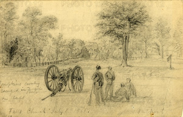 Falls Church, July 1st, 1861, Outpost, drawing, 1862-1865, by Alfred R Waud, 1828-1891, an american artist famous for his American Civil War sketches, America, US