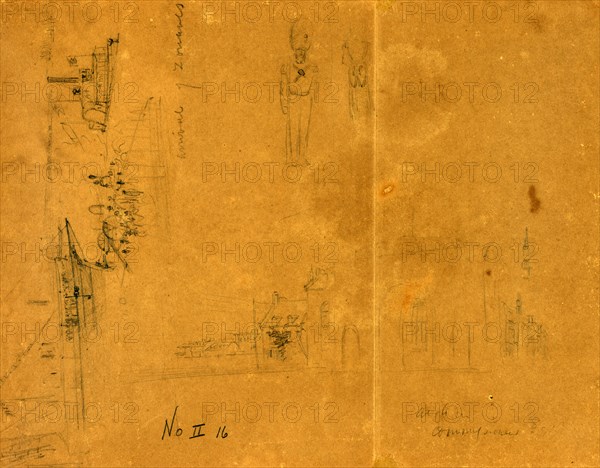 Three sketches including "Arrival of Zouaves," city or town street, and a soldier, drawing, 1862-1865, by Alfred R Waud, 1828-1891, an american artist famous for his American Civil War sketches, America, US