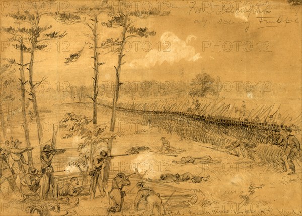 Bayonet charge of the 2nd reg. Col. Hall. Excelsior Brigade. Fair Oaks June 1862, drawing, 1862-1865, by Alfred R Waud, 1828-1891, an american artist famous for his American Civil War sketches, America, US