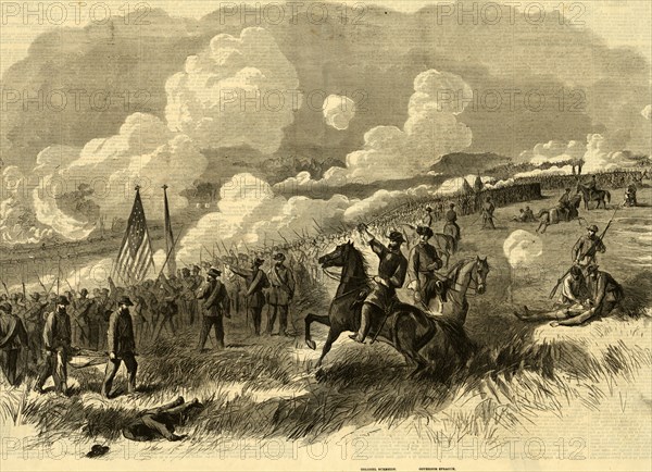 Colonel Burnsides brigade at Bull Run, First and Second Rhode Island, and Seventy-First New York Regiments, with their Artillery, Attacking the Rebel Batteries at Bull Run. Sketched on the spot by A. Waud, drawing, 1862-1865, by Alfred R Waud, 1828-1891, an american artist famous for his American Civil War sketches, America, US