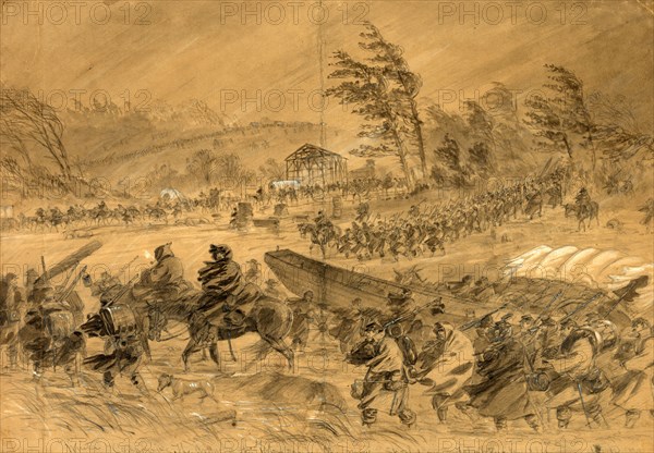 Winter Campaigning. The Army of the Potomac on the move. Sketched near Falmouth--Jan. 21st, drawing, 1862-1865, by Alfred R Waud, 1828-1891, an american artist famous for his American Civil War sketches, America, US