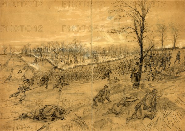 Battle of Winchester, decisive charge upon the rebels at the stone wall, drawing, 1862-1865, by Alfred R Waud, 1828-1891, an american artist famous for his American Civil War sketches, America, US