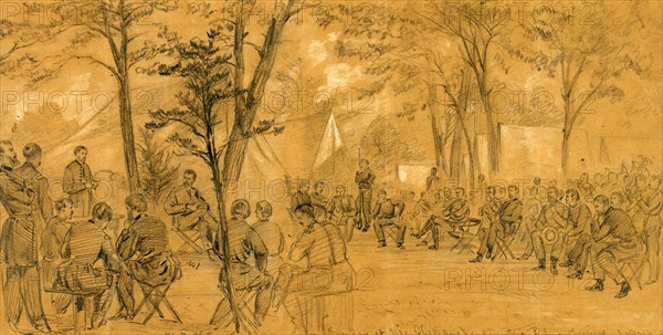 Sunday at McClellans headquarters, Religious Services, drawing, 1862-1865, by Alfred R Waud, 1828-1891, an american artist famous for his American Civil War sketches, America, US