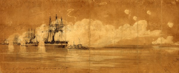 Second days action at Hatteras inlet, drawing, 1862-1865, by Alfred R Waud, 1828-1891, an american artist famous for his American Civil War sketches, America, US