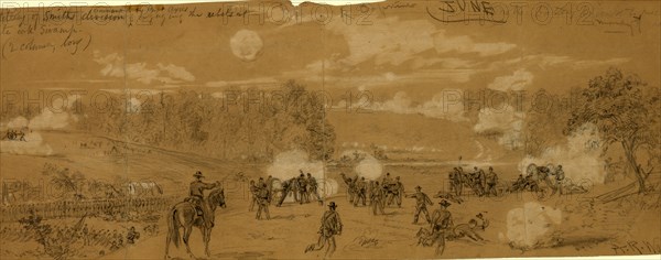 Artillery of Smith's division commanded by Capt. Ayres engaging the rebels at White Oak Swamp, drawing, 1862-1865, by Alfred R Waud, 1828-1891, an american artist famous for his American Civil War sketches, America, US